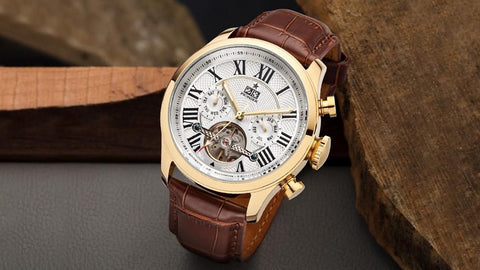 Tufina Havana Pionier, German watch with an automatic movement, tapisserie dial, full calendar function, white dial and brown leather band