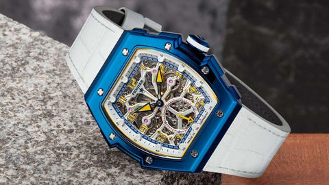 Tufina Pionier Milano, automatic watch for men, skeleton watch with a blue square case and white leather band