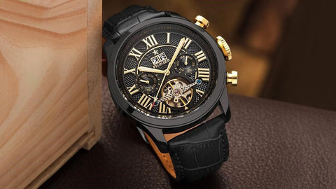 Tufina Pionier Havana, German automatic watch for men, full calendar watch with a black dial, case and leather band