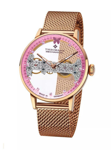 Tufina Theorema Lady Butterfly, mechanical watch for women with a gold bracelet, skeleton dial with pink details and 11 Swarovski crystals