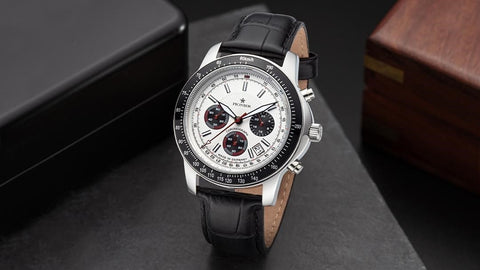 Tufina Pionier Tirona Chronograph, German chronograph watch for men, white dial watch with leaf hands, black and red sub-dials and a black leather band