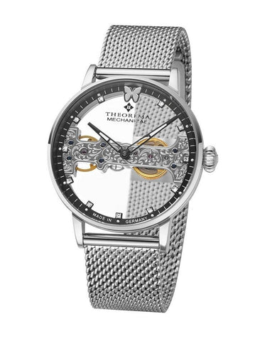 Tufina Theorema Lady Butterfly, German watch for women, women's mechanical watch with a skeleton dial and a silver mesh bracelet