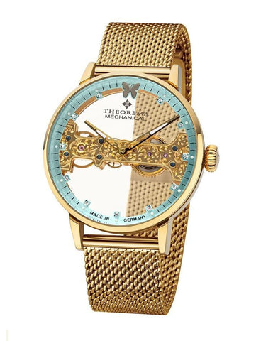 Tufina Theorema Lady Butterfly, German mechanical watch for women with a skeleton dial, mint details, 11 Swarovski crystals and a gold mesh bracelet