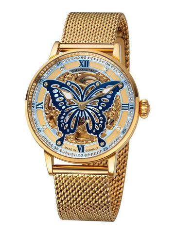 Tufina Theorema Madame Butterfly, German automatic watch for women with a blue butterfly shaped skeletonized dial, 82 Swarovski crystals and a gold mesh bracelet