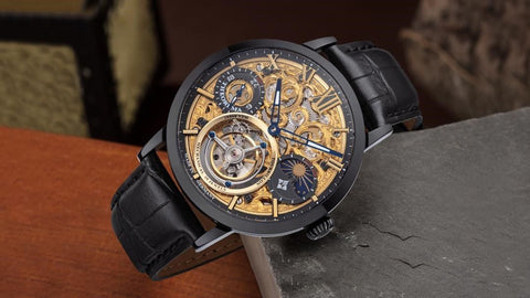 Tufina Theorema Zurich Tourbillon, German tourbillon watch for men, mechanical tourbillon with a sun and moon phase indicator, skeleton dial, open heart window and a black leather band