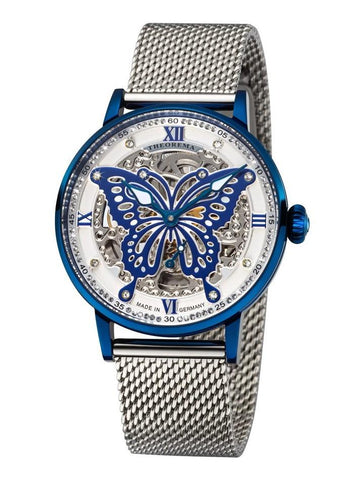 Tufina Theorema Madame Butterfly, German automatic watch for women with a blue butterfly shaped dial, 81 Swarovski crystals and a silver mesh bracelet