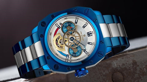 Tufina Pionier Newport Dual-time, men's automatic watch with a two-tone dial, blue and silver bracelet, skeletonized hands and 5 ATM water resistance