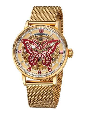 Tufina Theorema Madame Butterfly, German automatic watch for women with a red butterfly shaped skeletonized dial, 82 Swarovski crystals and a gold mesh bracelet