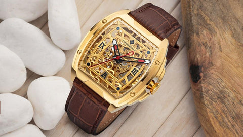 Tufina Theorema St. Petersburg, gold plated watch for men with a square case, skeletonized dial and hands, brown leather band