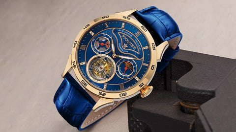 Tufina Geneva Tourbillon Pionier tourbillon watch for men with an automatic movement, open heart window, leaf hands, diamonds, blue leather band