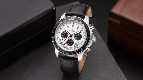 Tirona Chronograph Pionier GM-550-1, chronograph watch for men with a quartz movement, white dial, black leather band, leaf hands and a date calendar window