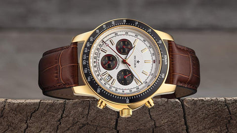 Tufina Pionier Tirona Chronograph Quartz Date-Calendar Watch for men with a white dial, black sub-dials, sword white and gold hands, brown leather band