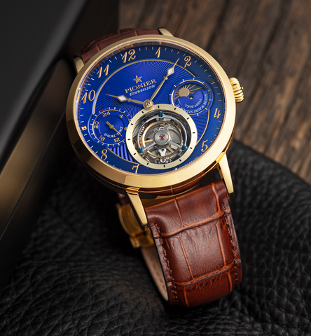 Mechanical tourbillon with arabic numerals and opean heart design.