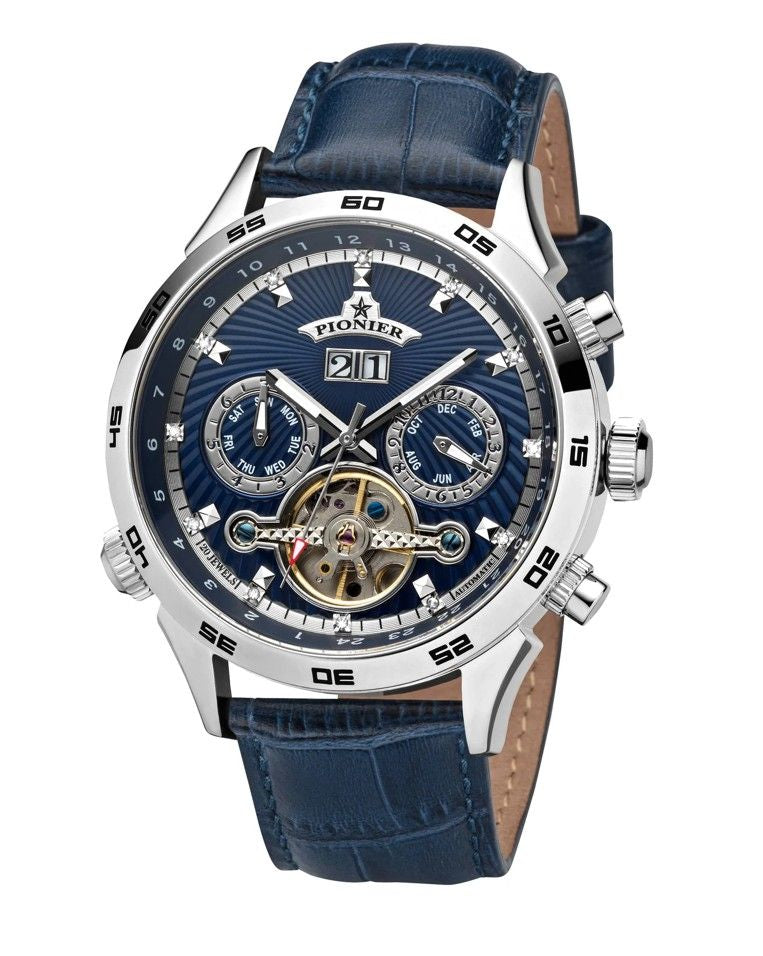 Florida Diamonds Pionier, automatic watch for men with a multi-dial pattern, full calendar feature, blue leather band