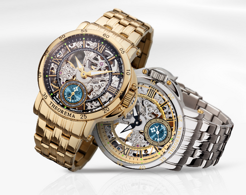 These are two mechanical watches for men from Tufina. One is a gold skeleton watch for men with a stainless steel bracelet. The other one is a silver watch for men with a skeleton dial mixed with golden elements.