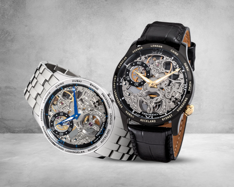 These are two models of Monte Carlo, a skeleton watch for men. One is a silver watch with a stainless steel case and the other is a black watch with a black leather band. Both watches have sword hands.