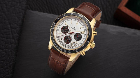 Tufina Pionier Tirona Chronograph GM-550-4 date calendar chronograph with a white dial, brown leather band and leaf hands