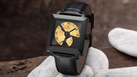 This is a watch from Tufina's Pionier collection, Louvre GM-517-6 - an automatic watch with a square stainless steel case, Roman and Arabic numerals, open back composition and a real black leather band.