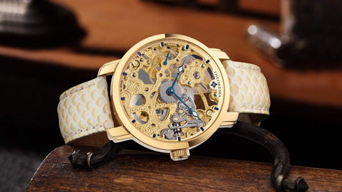 This is a watch from Tufina's Theorema collection, Venezia GM-118-3 - a mechanical watch with a fully skeleton engraved dial, open back composition, and a genuine leather band with a fish skin pattern.