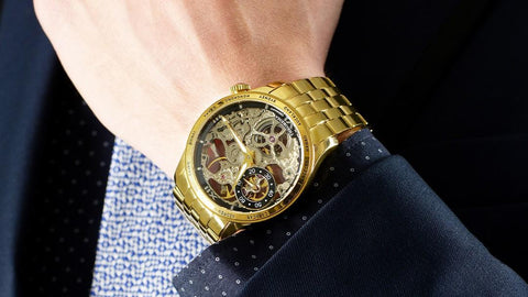 Tufina Monte Carlo by Theorema Germany, skeleton watch for men with gold stainless steel bracelet and sword hands