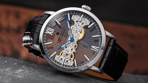 Tufina San Francisco by Theorema Germany, skeleton see-through watch for men with stick indices and hands, black leather band and a mechanical movement