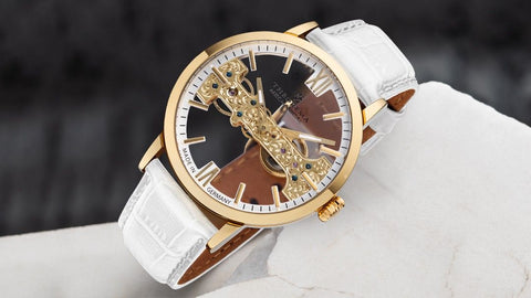 San Francisco Theorema mechanical watch for men, full skeleton dial, see-through design, stick and Roman markers, golden case, white leather band