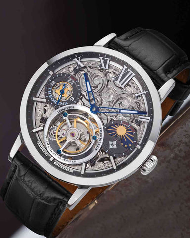Zurich Tourbillon GM-901-1 black GMT tourbillon watch for men with a mechanical movement, silver case, skeleton dial, and black leather band