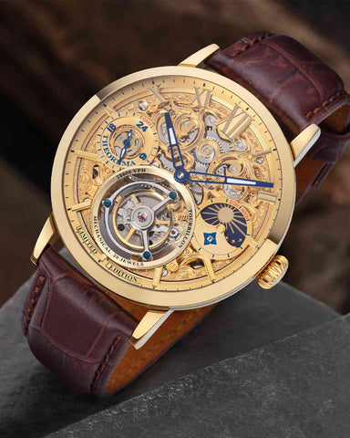 Zurich Tourbillon GM-901-2 tourbillon watch for men, mechanical tourbillon with a GMT function, gold case, skeleton dial, brown leather band