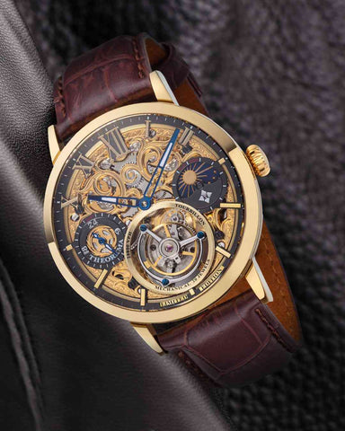 Zurich Tourbillon GM-901-3 mechanical tourbillon watch for men, GMT tourbillon with a gold case, skeleton dial, brown leather band and sun and moon phase indicator