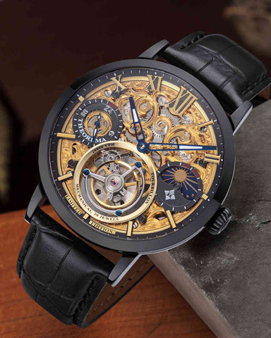 Zurich Tourbillon GM-901-5 black tourbillon watch for men with a mechanical movement, GMT function, open heart window and a sun and moon phase indicator