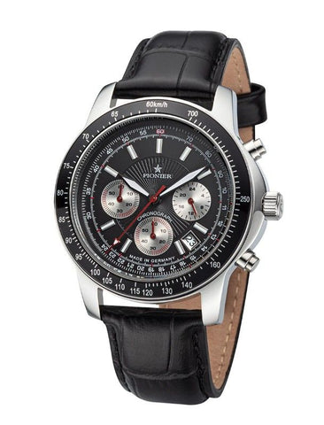 Tirona Chronograph Pionier GM-550-2 Silver chronograph for men with a black dial and leather band
