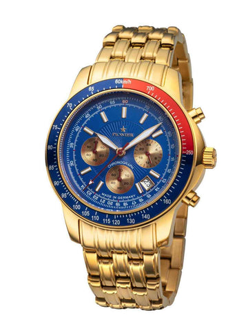 Tirona Chronograph Pionier GM-550-11 Gold, chronograph for men, gold chronograph with a blue dial and metal bracelet