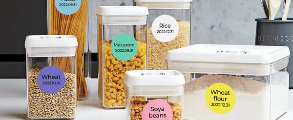 Stickers can be used to label items in the kitchen as belonging to different categories.