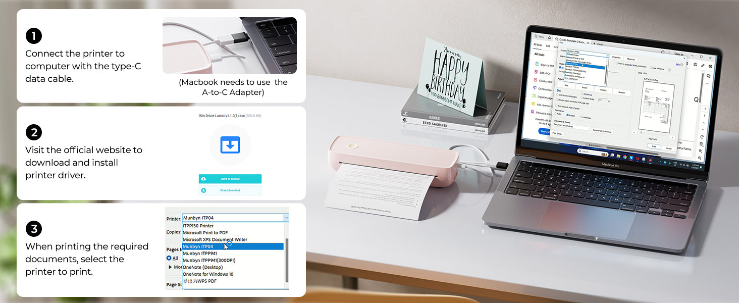 The MUNBYN ITP04 portable Bluetooth printer is easy to set up on both Windows and Mac computers