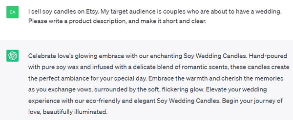 Creating prompts for product descriptions for your Etsy store using ChatGPT.