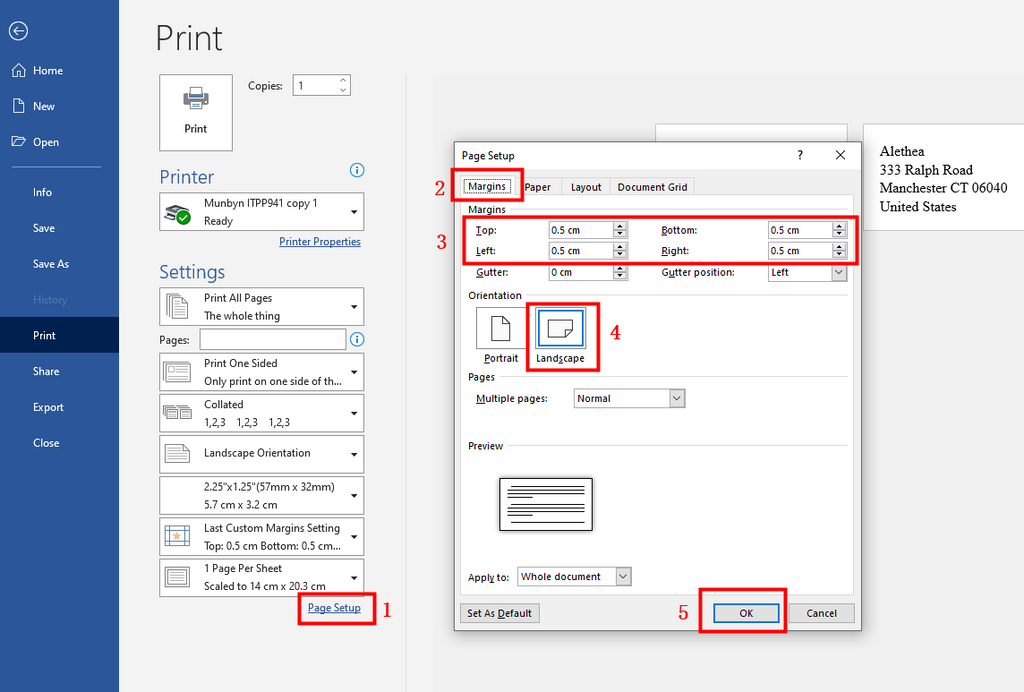 Click page setup to Print Address Labels from Word with 2.25"x1.25" labels