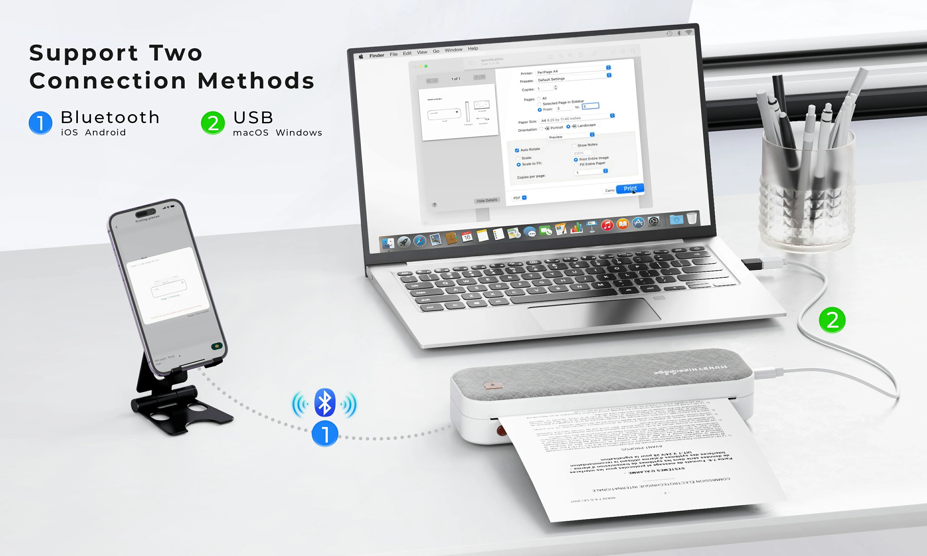 MUNBYN A4 printer can connect to laptop, tablet, or smartphone via USB and Bluetooth. 