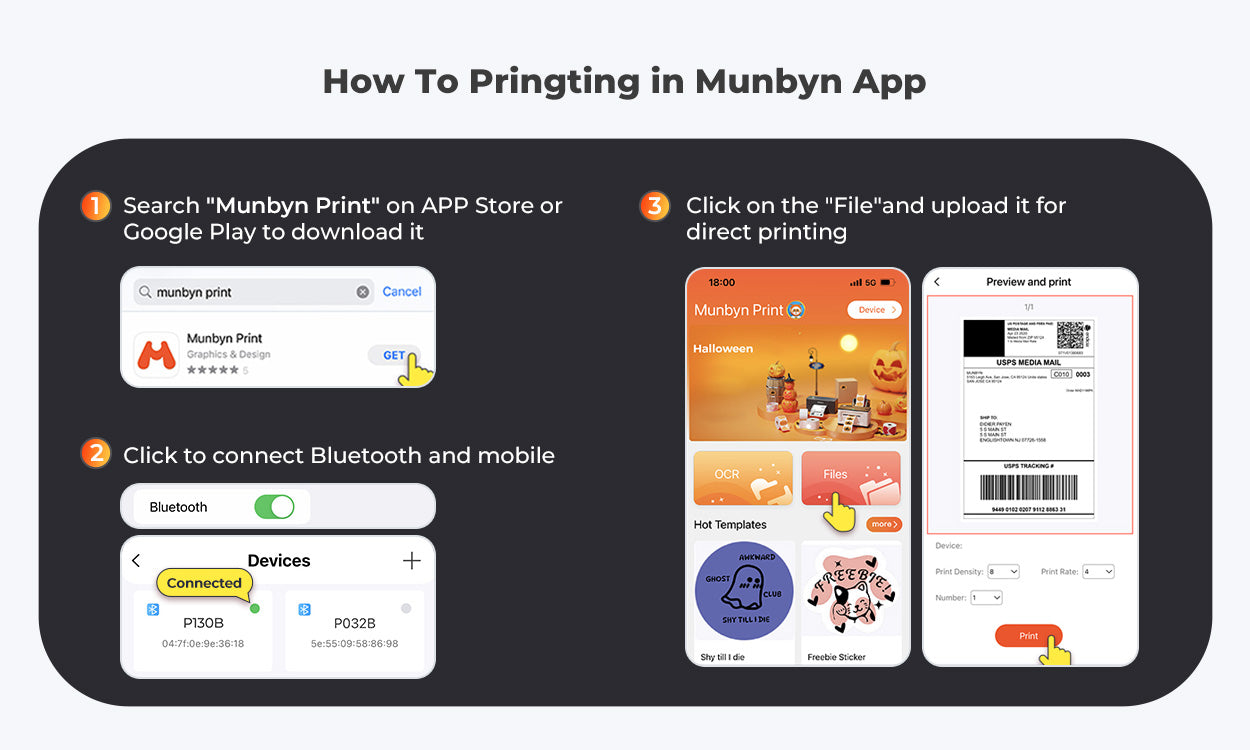 MUNBYN P130B features Bluetooth connectivity for easy wireless printing from mobile devices, and a USB port for connecting to computers.