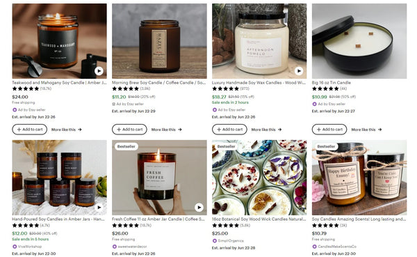 The common price of candles on Etsy falls between $10 and $30.