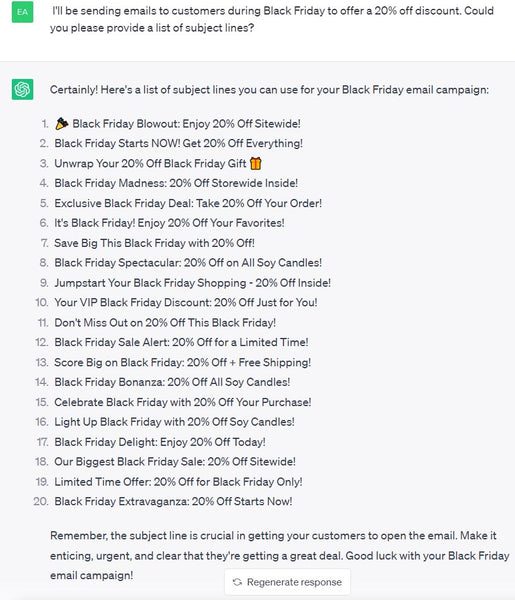 Creating prompts for email subject lines for your Etsy store using ChatGPT.