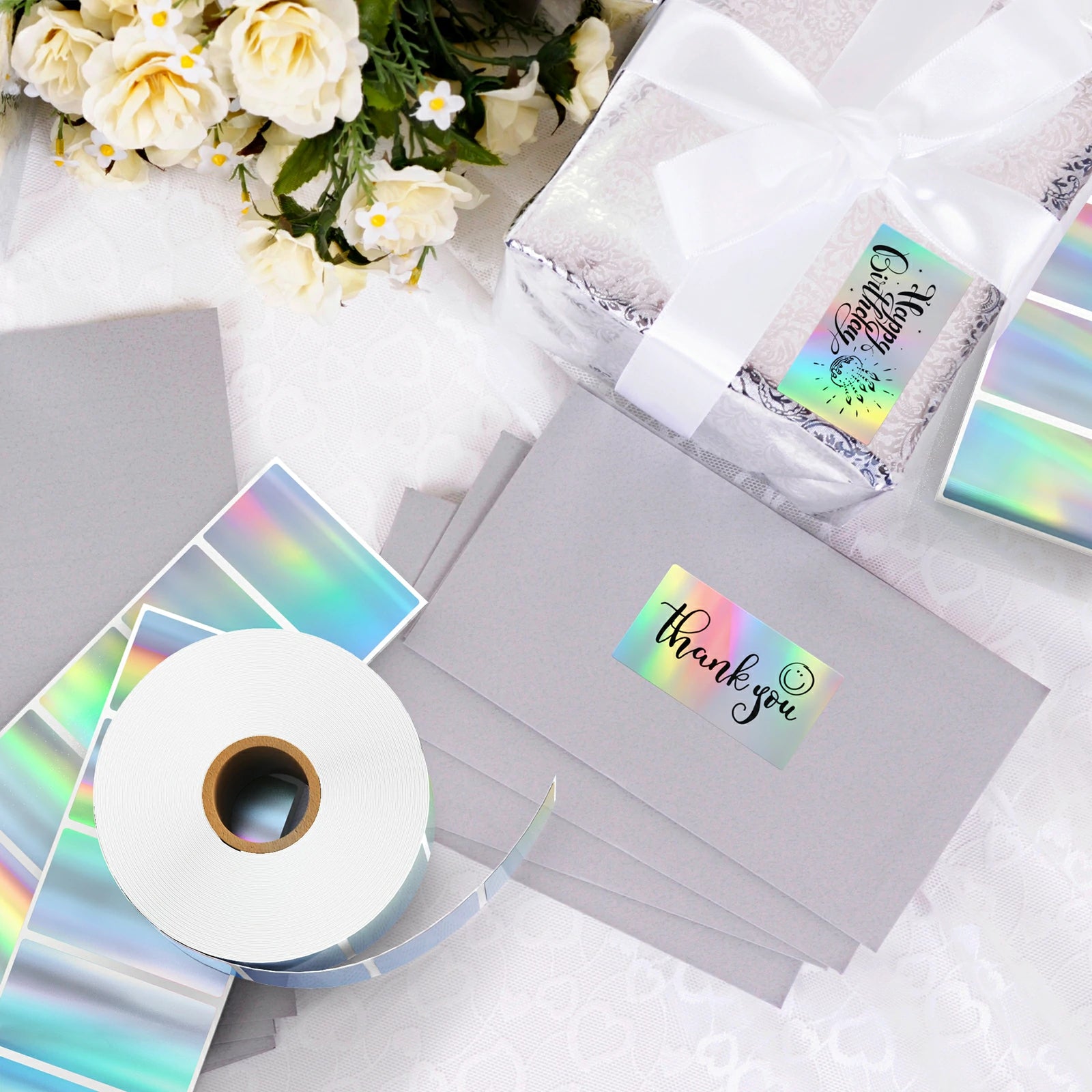 MUNBYN iridescent silver rectangle thermal labels are ideal to be used as custom stickers on products.