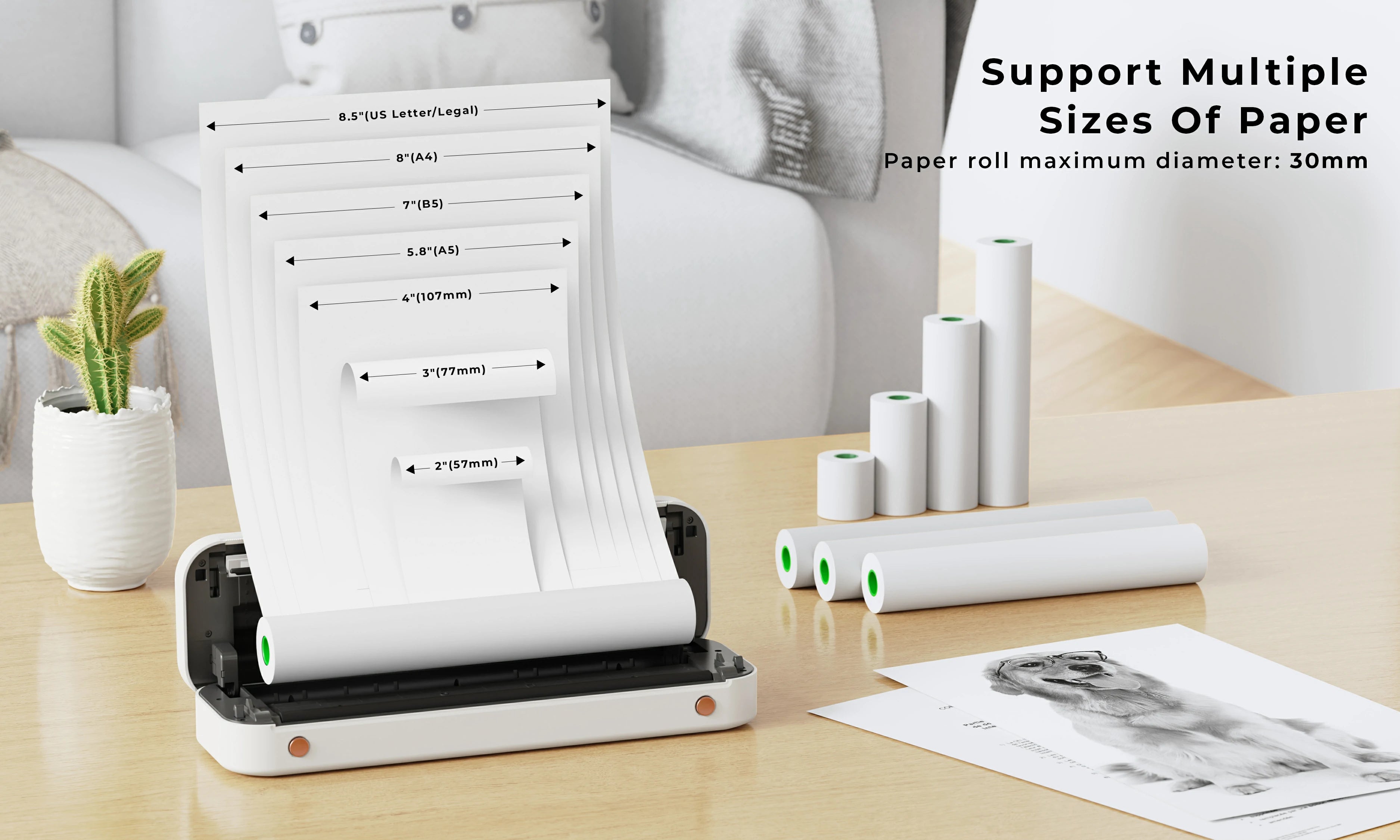 The portable printer supports various paper sizes, from 57 mm to 216 mm in width.