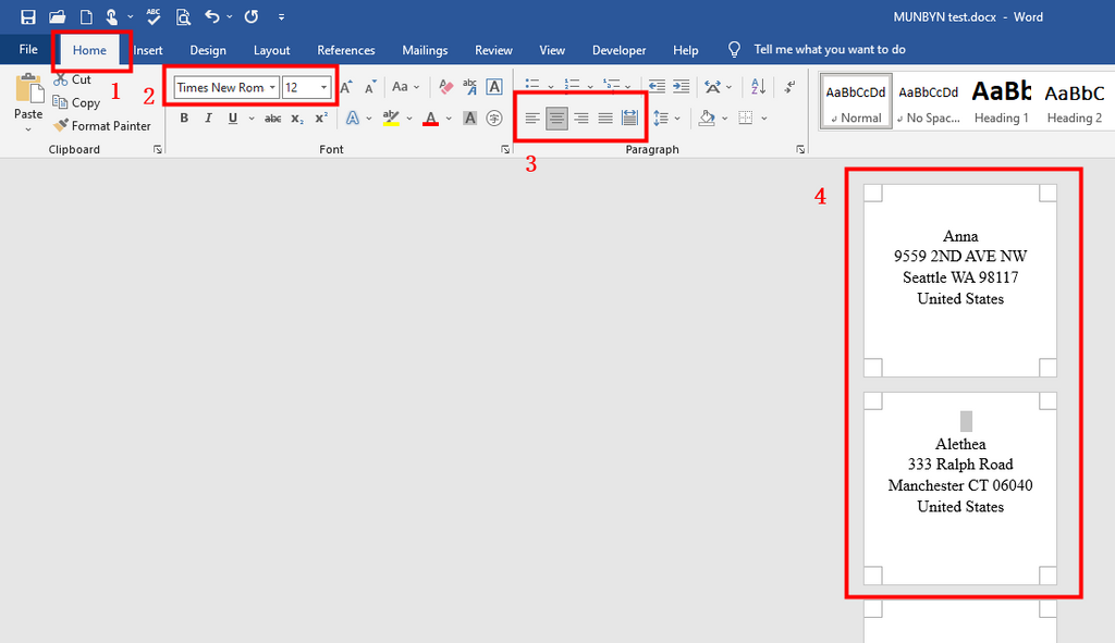 enter print content to Print Address Labels in Word