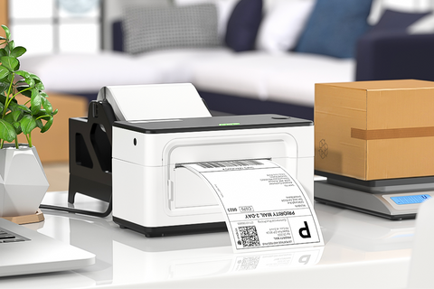 The MUNBYN thermal label printer is printing a shipping label.