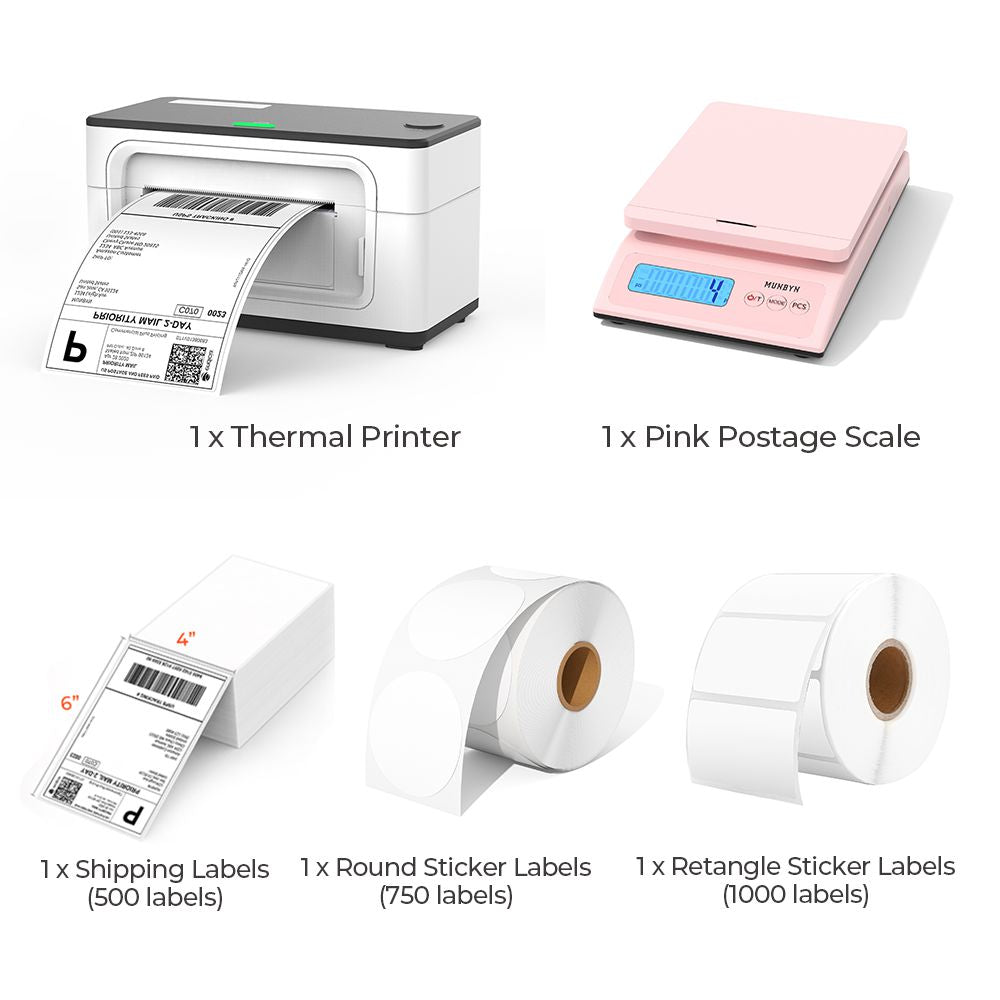 MUNBYN P941 Shipping Label Printer 4x6 Label Printer for Shipping Packages,  Thermal Direct Shipping Label (Pack of 500 4x6 Fan-Fold Labels) with Label 