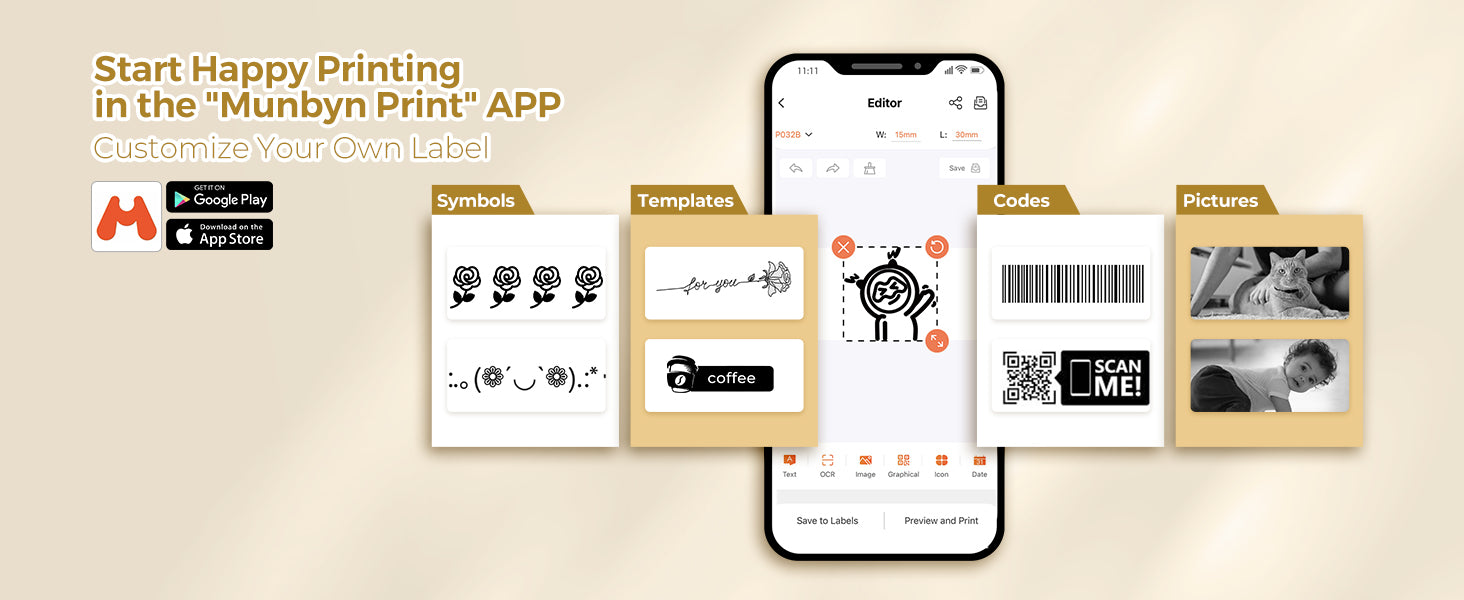 Create and print custom labels with ease using the MUNBYN Print app.
