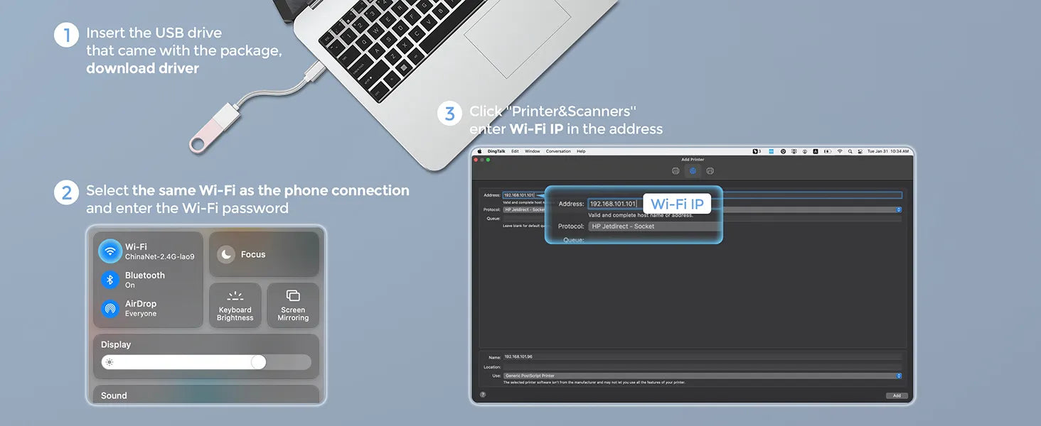 Steps on how to connect computers and phone to MUNBYN P129S wireless printer via WiFi.