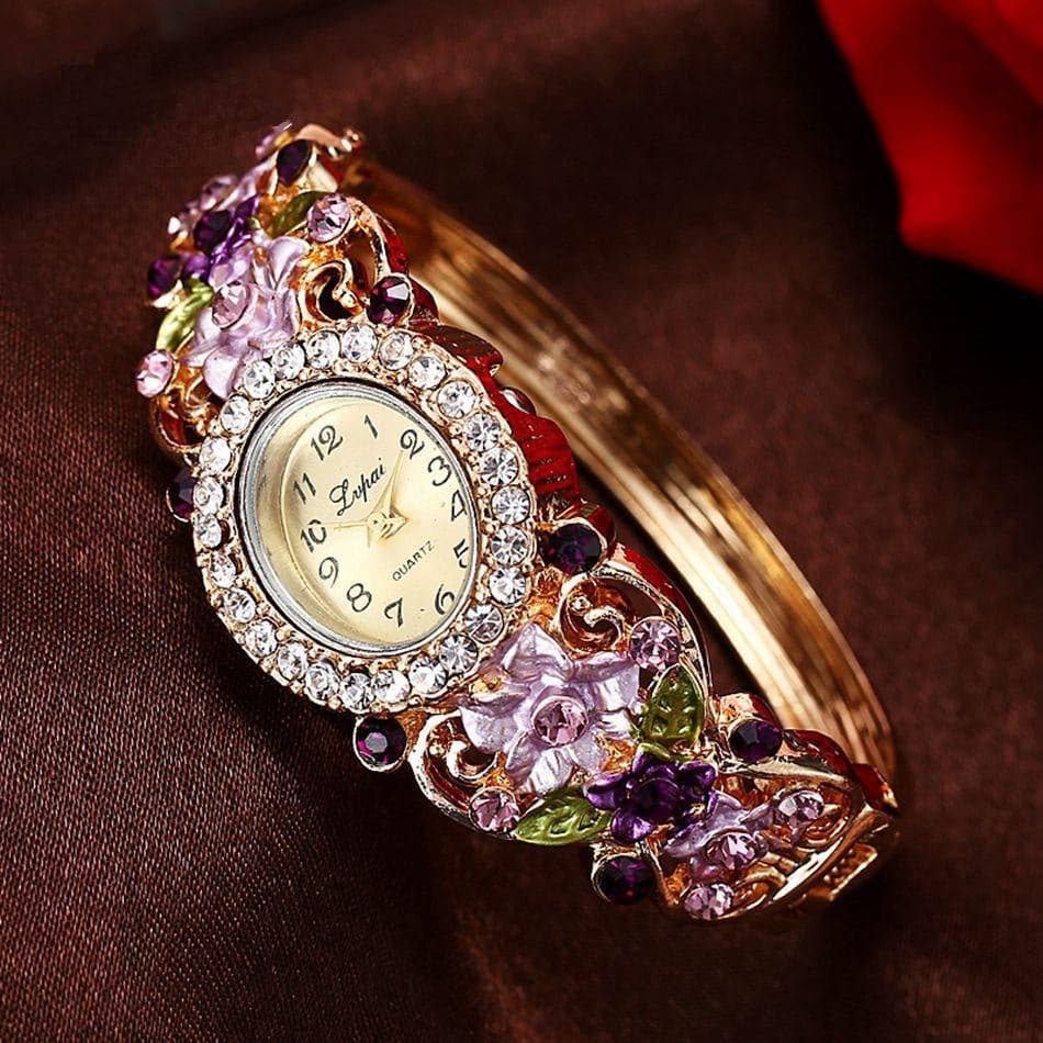 LVPAI Women's Luxury Purple Gold Pink & Blue Vintage Floral Crystal Bracelet Watch