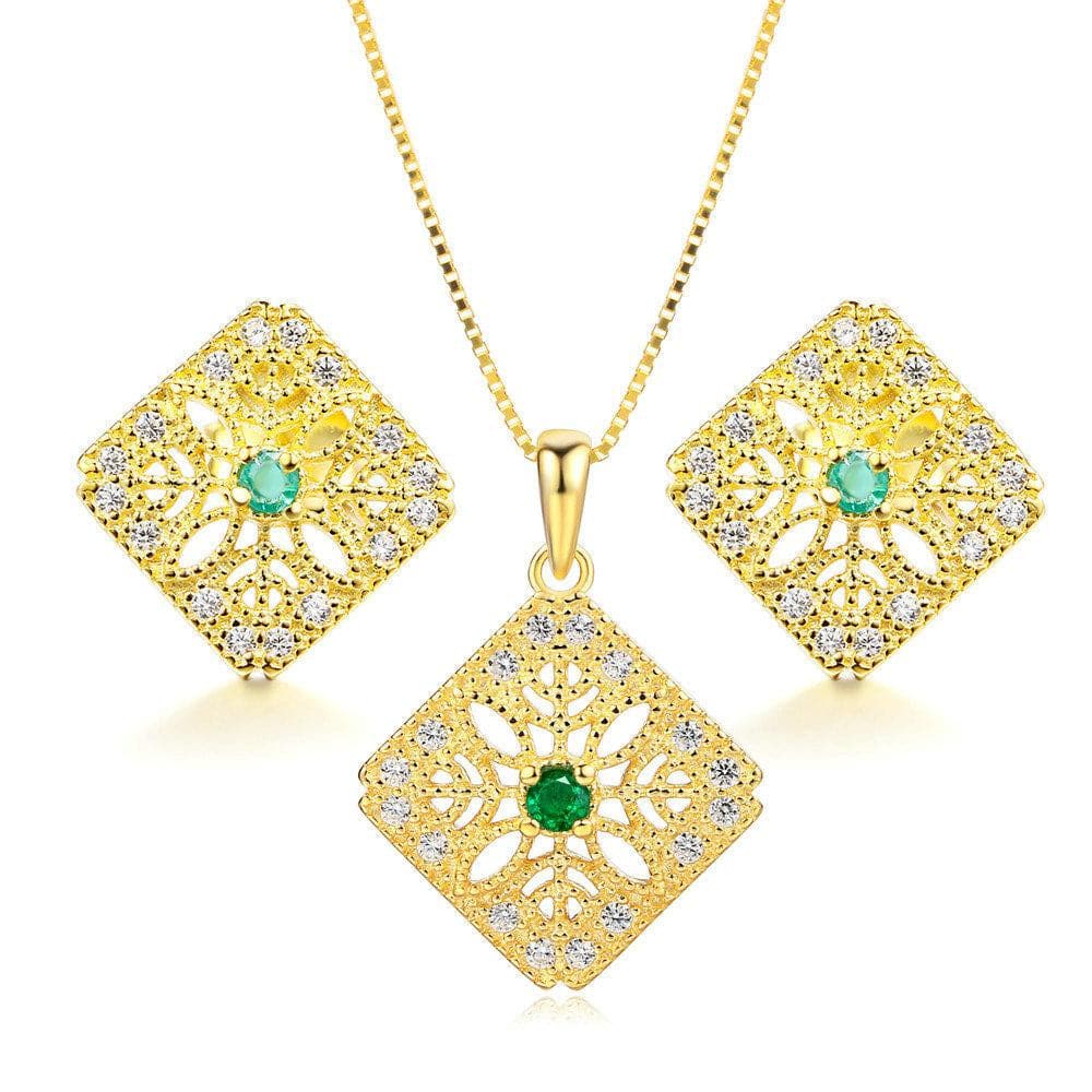 MBY Elegant Design Women's Genuine Natural Emerald Gemstone 3PCS Jewelry Set