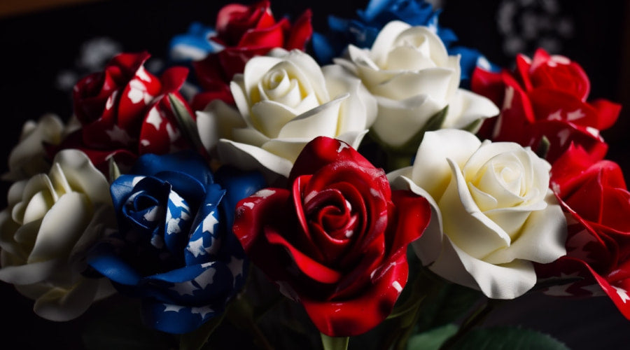 red, blue and white roses